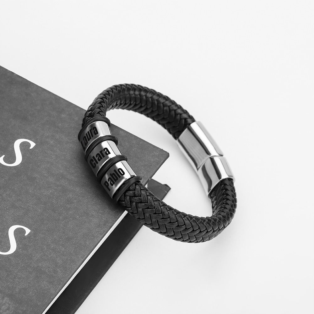 Pulsera personalizada hombre - Cuero trenzado con nombres fijos