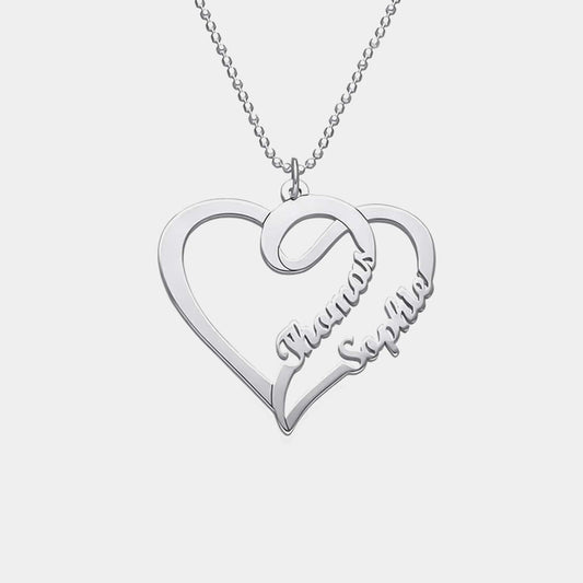 Collar de corazón doble con nombres en plata